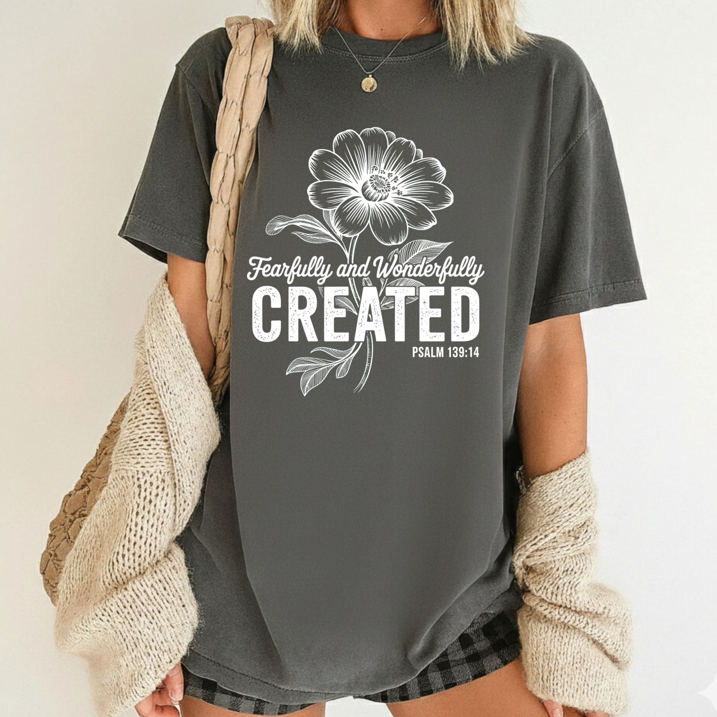 Fearfully and Wonderfully Created Comfort Colors T Shirt Wildflower Bible Verse Tees Jesus Faith Apparel Tank Top Religious Long Sleeve Gifts