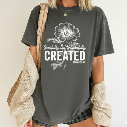 Fearfully and Wonderfully Created Comfort Colors T Shirt Wildflower Bible Verse Tees Jesus Faith Apparel Tank Top Religious Long Sleeve Gifts