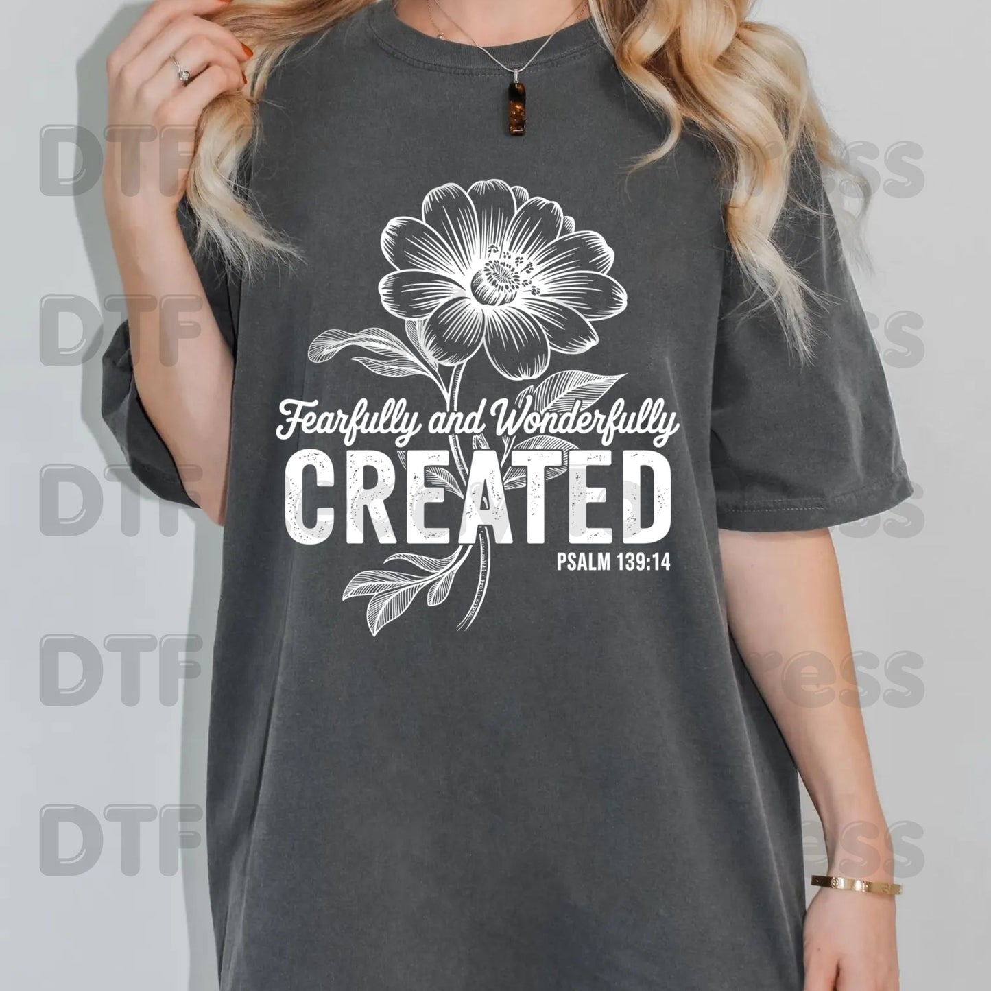 Fearfully and Wonderfully Created DTF Transfer Ready to Press Psalm 139:14 Christian Floral Bible Verse Heat Transfer for Shirts Religious UV Sticker Prints