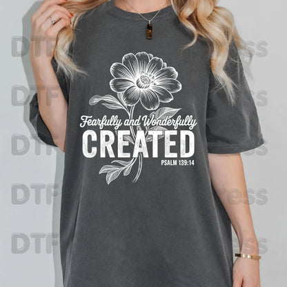 Fearfully and Wonderfully Created DTF Transfer Ready to Press Psalm 139:14 Christian Floral Bible Verse Heat Transfer for Shirts Religious UV Sticker Prints