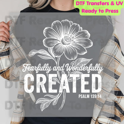 Fearfully and Wonderfully Created DTF Transfer Ready to Press Psalm 139:14 Christian Floral Bible Verse Heat Transfer for Shirts Religious UV Sticker Prints