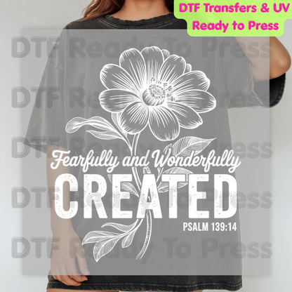 Fearfully and Wonderfully Created DTF Transfer Ready to Press Psalm 13914 Christian Floral Bible Verse Heat Transfer for Shirts Religious UV Sticker Prints