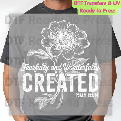 Fearfully and Wonderfully Created DTF Transfer Ready to Press Psalm 139:14 Christian Floral Bible Verse Heat Transfer for Shirts Religious UV Sticker Prints