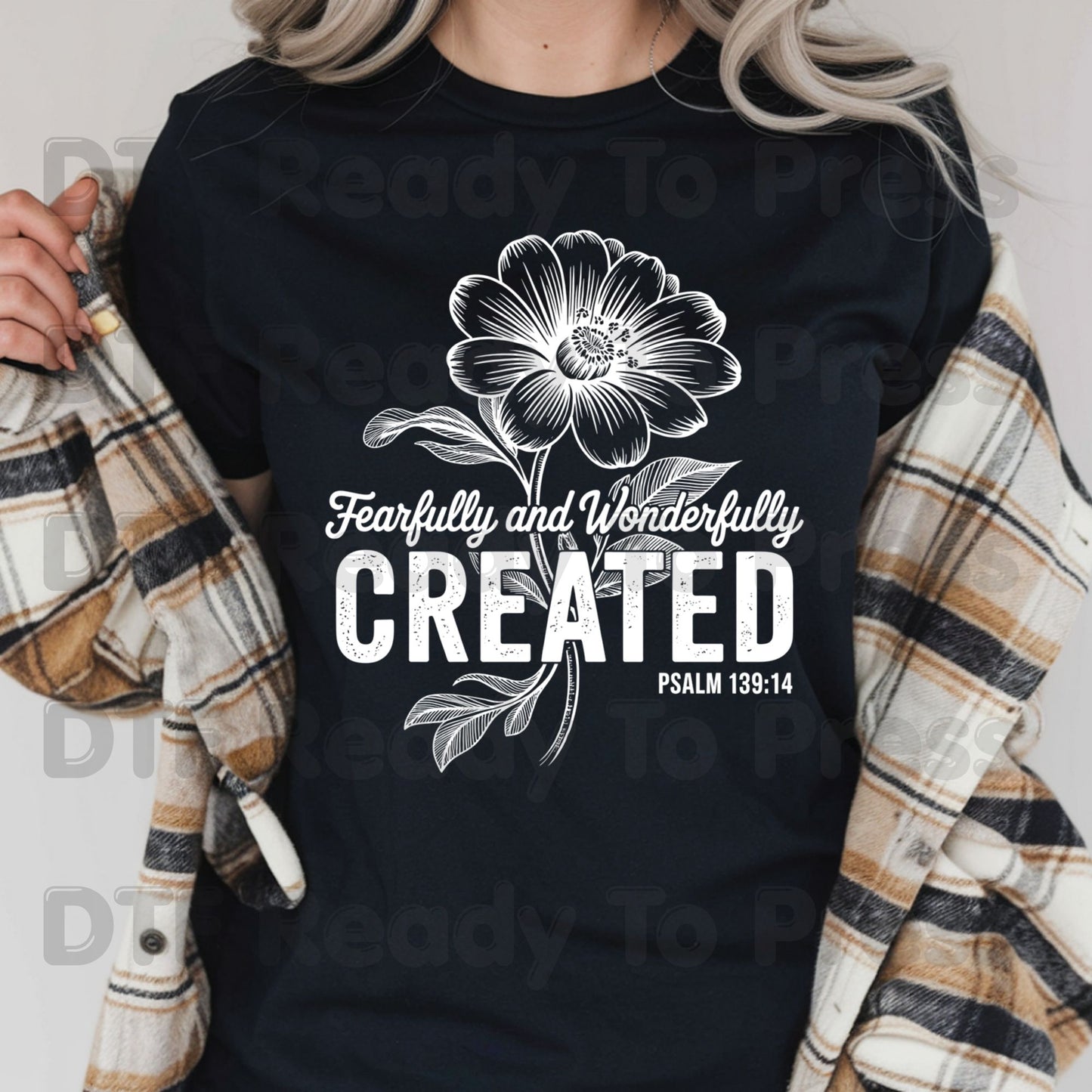 Fearfully and Wonderfully Created DTF Transfer Ready to Press Psalm 139:14 Christian Floral Bible Verse Heat Transfer for Shirts Religious UV Sticker Prints