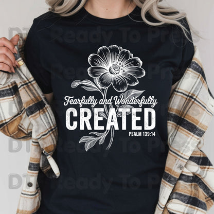 Fearfully and Wonderfully Created DTF Transfer Ready to Press Psalm 139:14 Christian Floral Bible Verse Heat Transfer for Shirts Religious UV Sticker Prints
