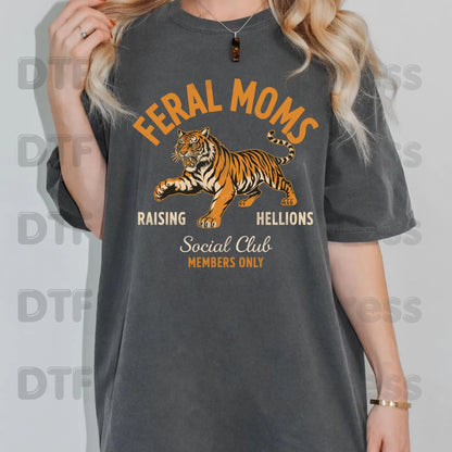 Feral Moms Social Club DTF Transfer Ready to Press Raising Hellions Retro Tiger Heat Transfer For Shirts Funny Mom Life UV Sticker Prints