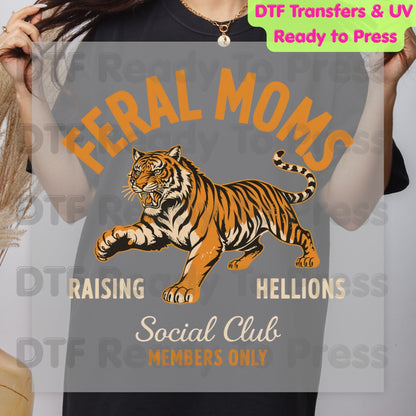 Feral Moms Social Club DTF Transfer Ready to Press Raising Hellions Retro Tiger Heat Transfer For Shirts Funny Mom Life UV Sticker Prints