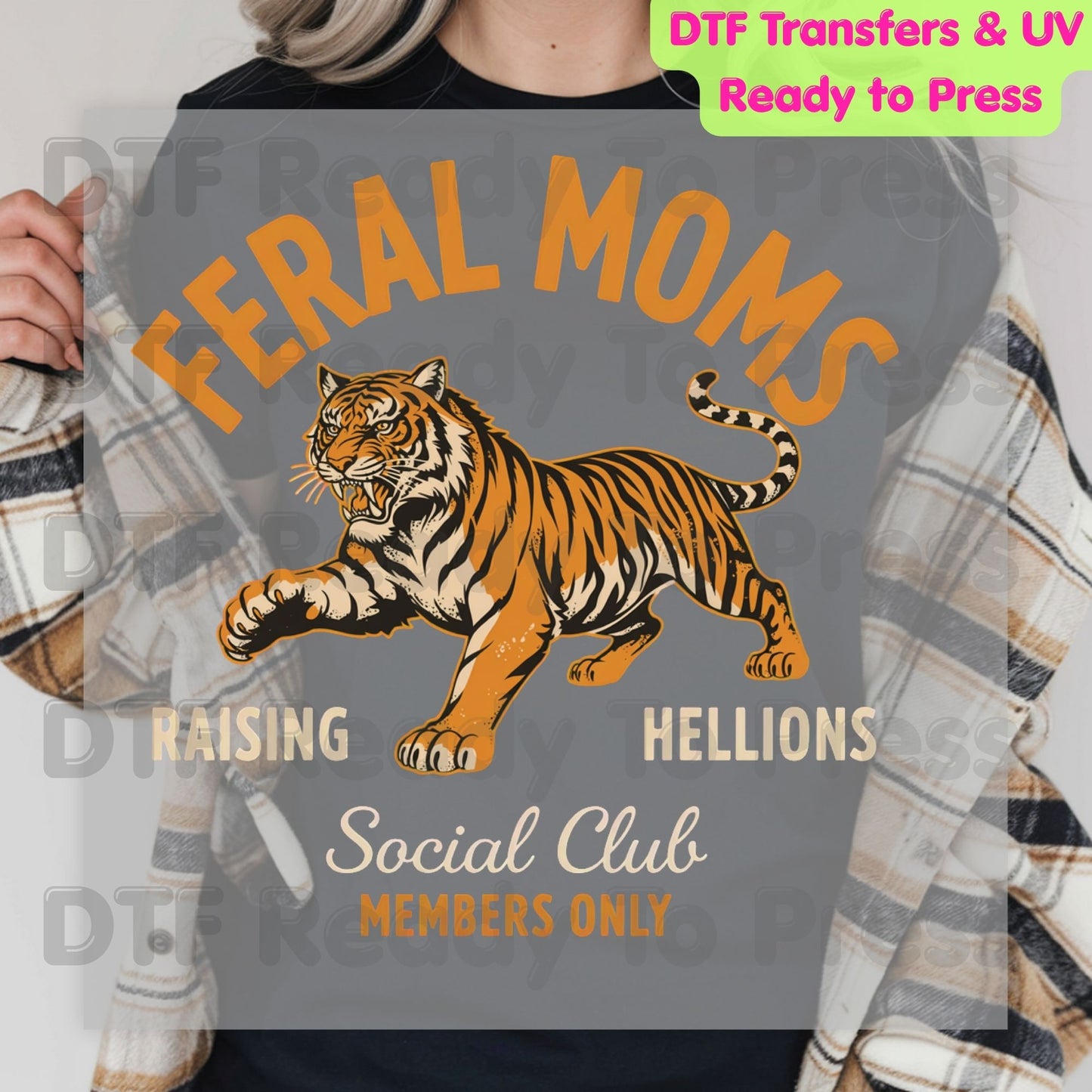 Feral Moms Social Club DTF Transfer Ready to Press Raising Hellions Retro Tiger Heat Transfer For Shirts Funny Mom Life UV Sticker Prints