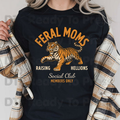 Feral Moms Social Club DTF Transfer Ready to Press Raising Hellions Retro Tiger Heat Transfer For Shirts Funny Mom Life UV Sticker Prints