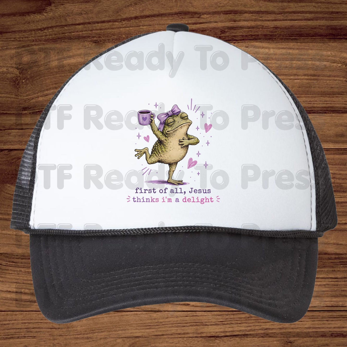 First of All Jesus Thinks I'm a Delight DTF Transfer Ready to Press Funny Frog Coffee Mug UV DTF Sticker Christian Humour Pink Bow Heat Transfer for Shirts