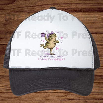 First of All Jesus Thinks I'm a Delight DTF Transfer Ready to Press Funny Frog Coffee Mug UV DTF Sticker Christian Humour Pink Bow Heat Transfer for Shirts