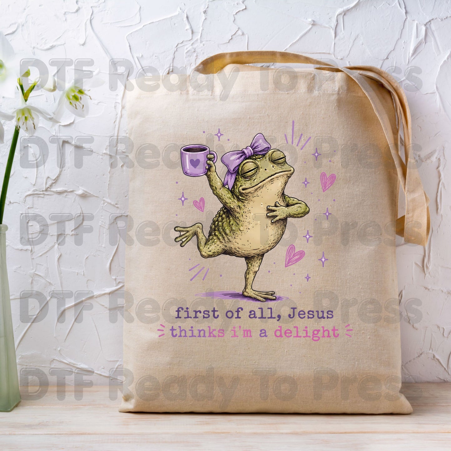 First of All Jesus Thinks I'm a Delight DTF Transfer Ready to Press Funny Frog Coffee Mug UV DTF Sticker Christian Humour Pink Bow Heat Transfer for Shirts