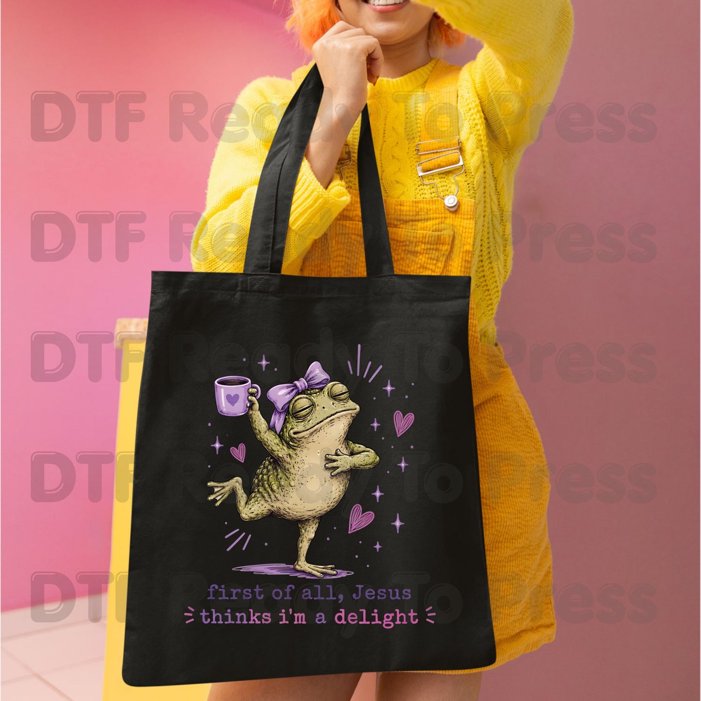 First of All Jesus Thinks I'm a Delight DTF Transfer Ready to Press Funny Frog Coffee Mug UV DTF Sticker Christian Humour Pink Bow Heat Transfer for Shirts