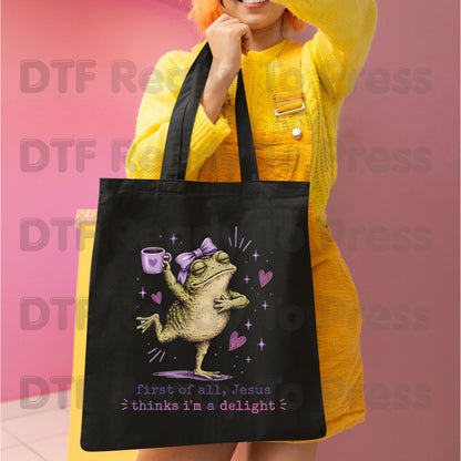 First of All Jesus Thinks I'm a Delight DTF Transfer Ready to Press Funny Frog Coffee Mug UV DTF Sticker Christian Humour Pink Bow Heat Transfer for Shirts