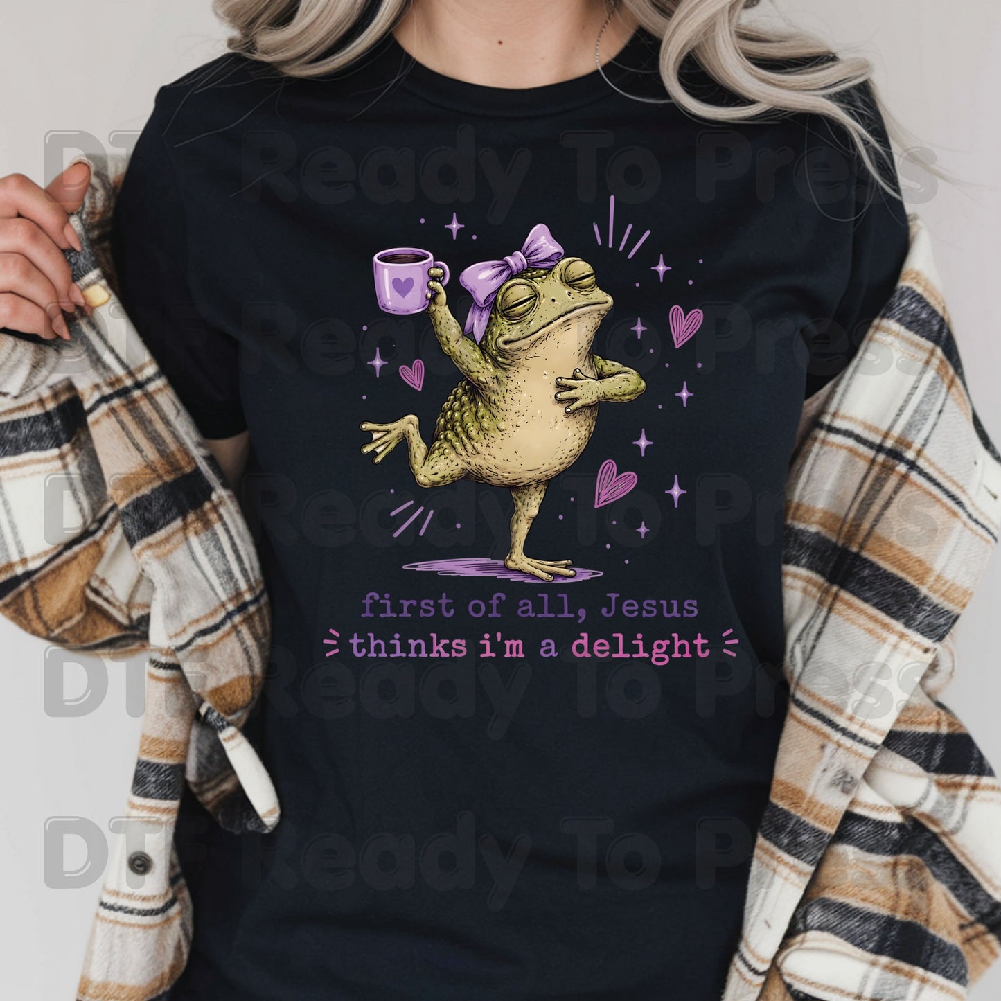 First of All Jesus Thinks I'm a Delight DTF Transfer Ready to Press Funny Frog Coffee Mug UV DTF Sticker Christian Humour Pink Bow Heat Transfer for Shirts