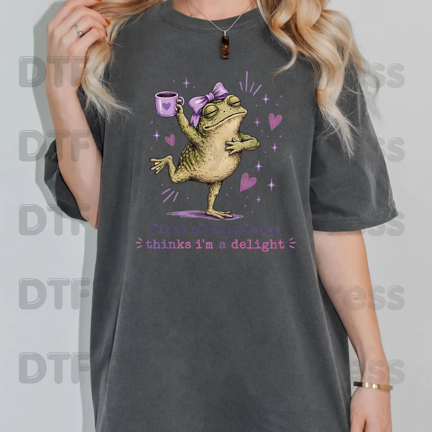 First of All Jesus Thinks I'm a Delight DTF Transfer Ready to Press Funny Frog Coffee Mug UV DTF Sticker Christian Humour Pink Bow Heat Transfer for Shirts