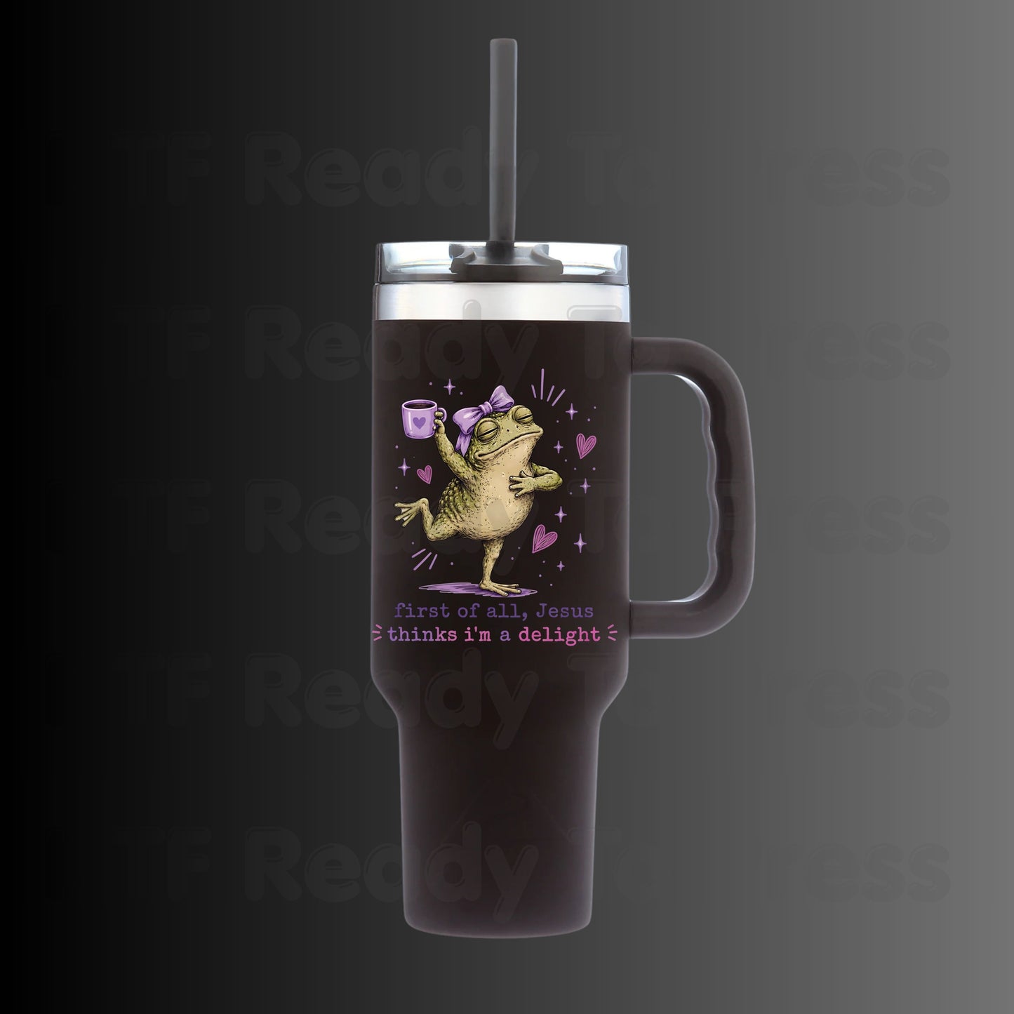 First of All Jesus Thinks I'm a Delight DTF Transfer Ready to Press Funny Frog Coffee Mug UV DTF Sticker Christian Humour Pink Bow Heat Transfer for Shirts