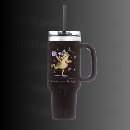 First of All Jesus Thinks I'm a Delight DTF Transfer Ready to Press Funny Frog Coffee Mug UV DTF Sticker Christian Humour Pink Bow Heat Transfer for Shirts