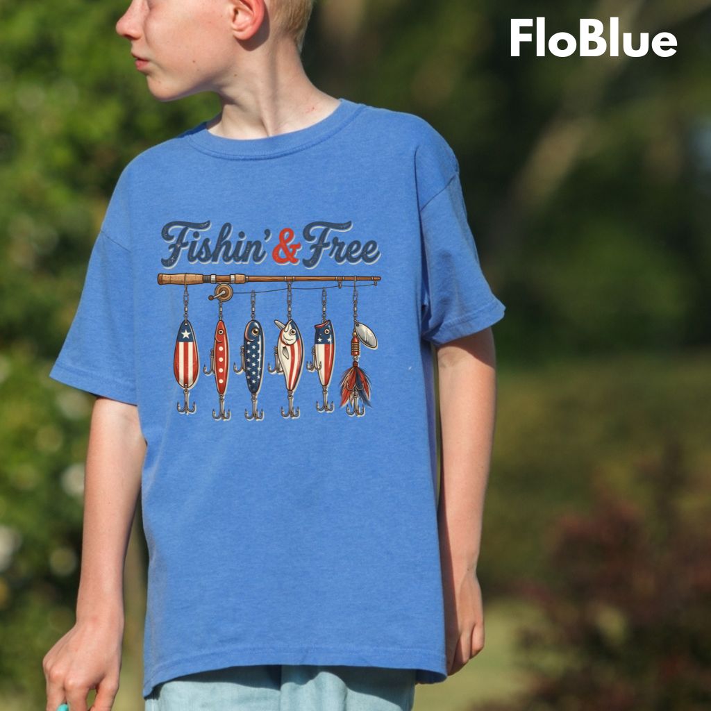 Fishin and Free Comfort Colors T Shirts Funny Fishing Lure Tee Patriotic American Flag Fishing Rod Shirt 4th of July Fisherman Gifts