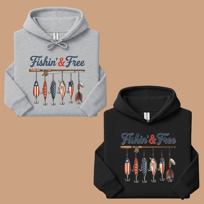 Fishin and Free Comfort Colors T Shirts Funny Fishing Lure Tee Patriotic American Flag Fishing Rod Shirt 4th of July Fisherman Gifts