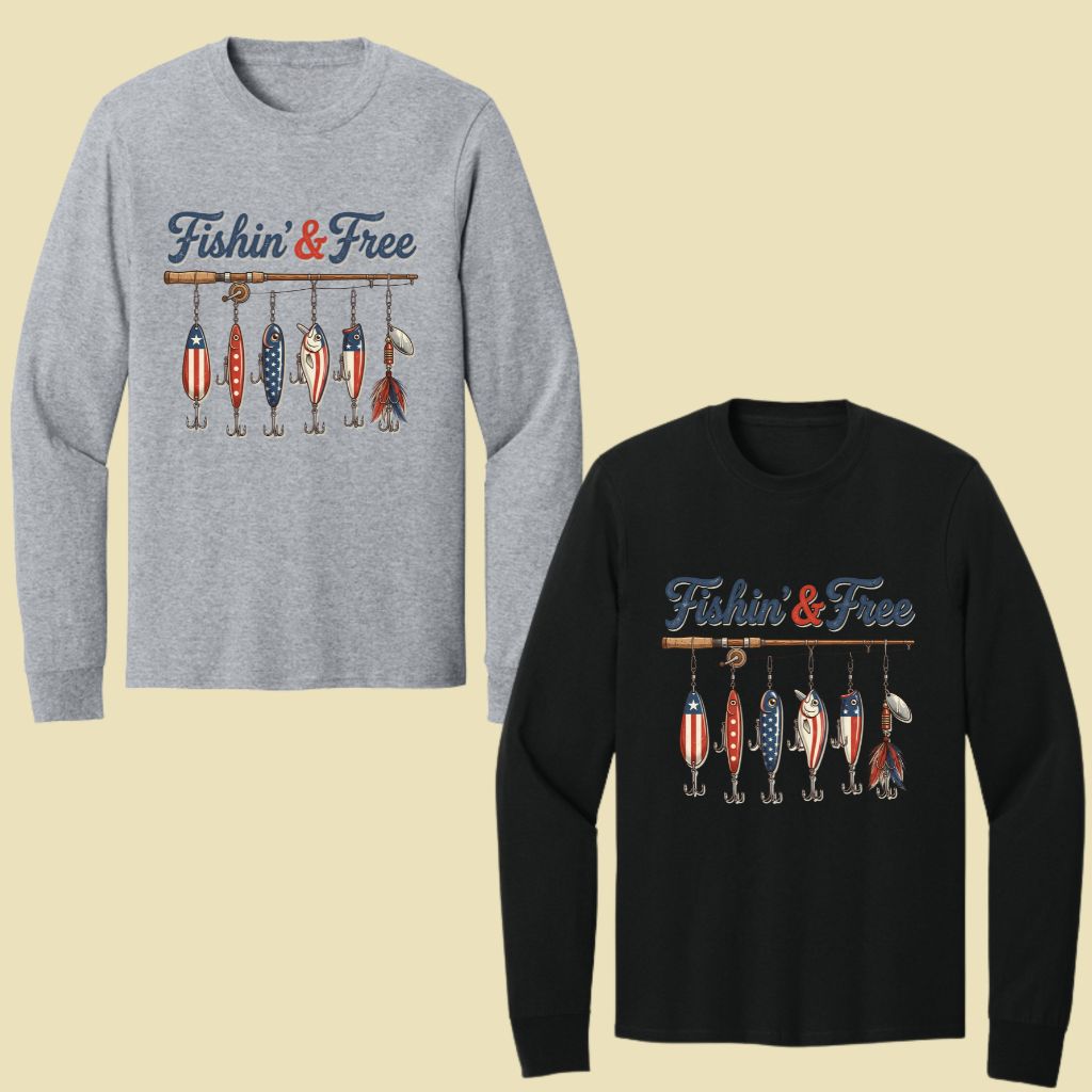 Fishin and Free Comfort Colors T Shirts Funny Fishing Lure Tee Patriotic American Flag Fishing Rod Shirt 4th of July Fisherman Gifts