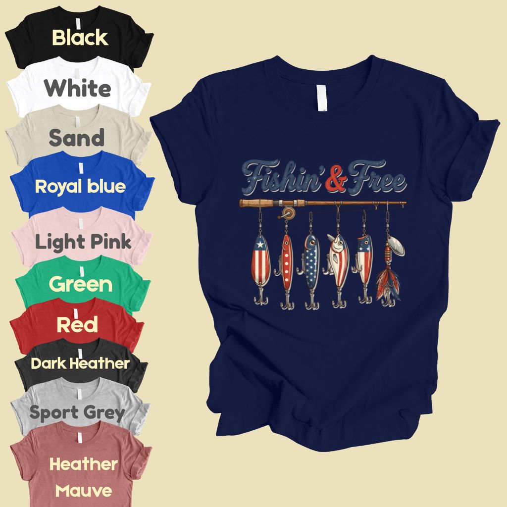 Fishin and Free Comfort Colors T Shirts Funny Fishing Lure Tee Patriotic American Flag Fishing Rod Shirt 4th of July Fisherman Gifts