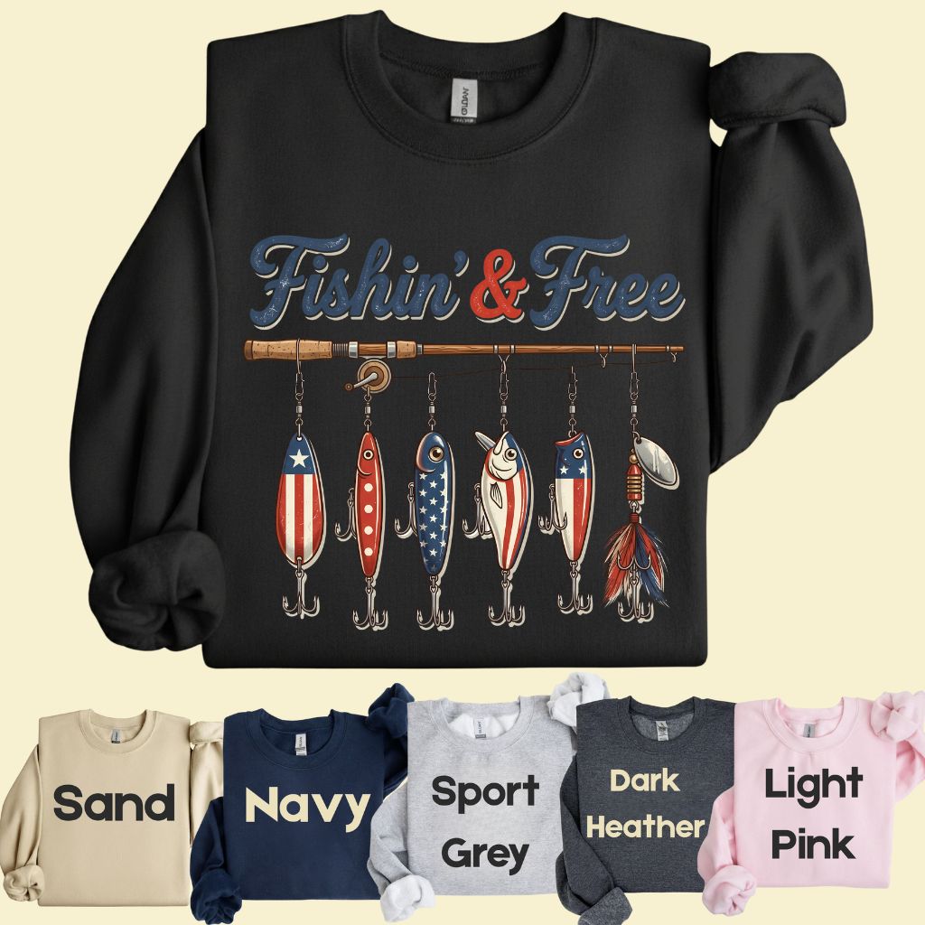 Fishin and Free Comfort Colors T Shirts Funny Fishing Lure Tee Patriotic American Flag Fishing Rod Shirt 4th of July Fisherman Gifts