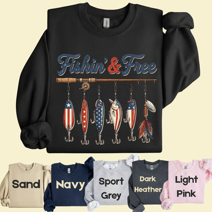 Fishin and Free Comfort Colors T Shirts Funny Fishing Lure Tee Patriotic American Flag Fishing Rod Shirt 4th of July Fisherman Gifts