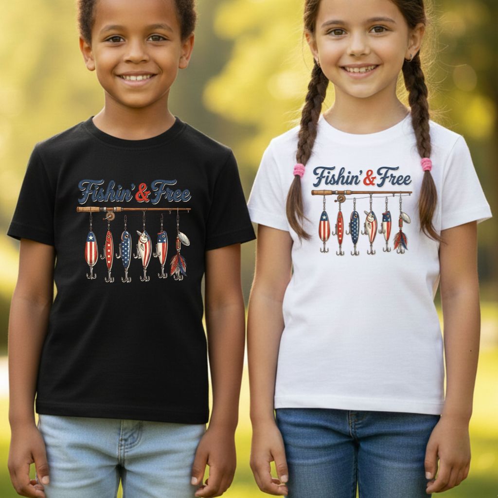 Fishin and Free Comfort Colors T Shirts Funny Fishing Lure Tee Patriotic American Flag Fishing Rod Shirt 4th of July Fisherman Gifts