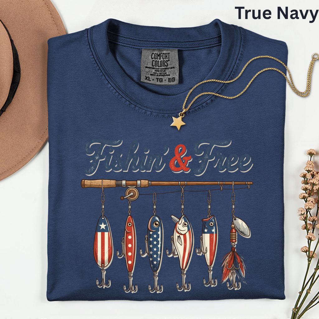 Fishin and Free Comfort Colors T Shirts Funny Fishing Lure Tee Patriotic American Flag Fishing Rod Shirt 4th of July Fisherman Gifts