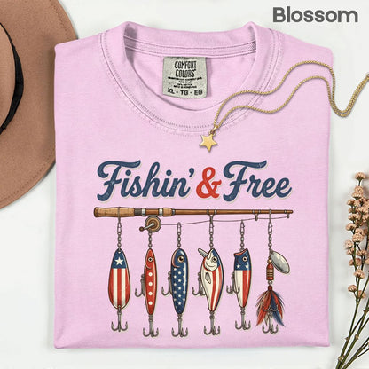 Fishin and Free Comfort Colors T Shirts Funny Fishing Lure Tee Patriotic American Flag Fishing Rod Shirt 4th of July Fisherman Gifts