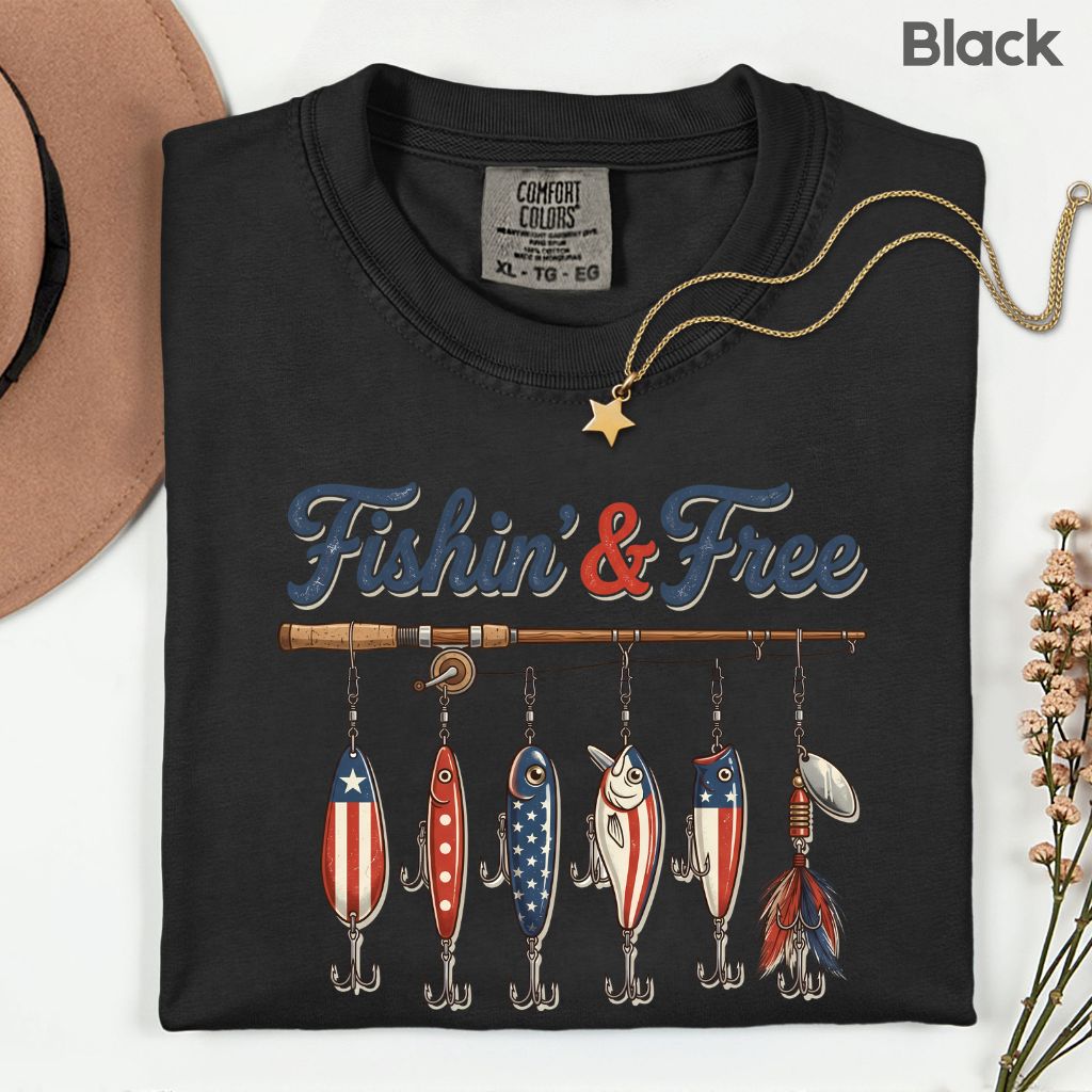 Fishin and Free Comfort Colors T Shirts Funny Fishing Lure Tee Patriotic American Flag Fishing Rod Shirt 4th of July Fisherman Gifts