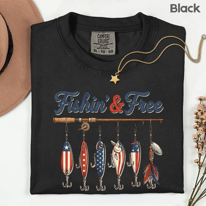 Fishin and Free Comfort Colors T Shirts Funny Fishing Lure Tee Patriotic American Flag Fishing Rod Shirt 4th of July Fisherman Gifts