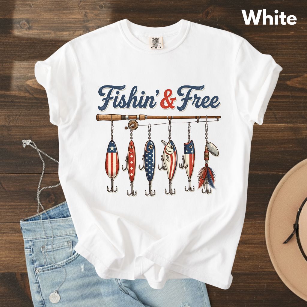 Fishin and Free Comfort Colors T Shirts Funny Fishing Lure Tee Patriotic American Flag Fishing Rod Shirt 4th of July Fisherman Gifts