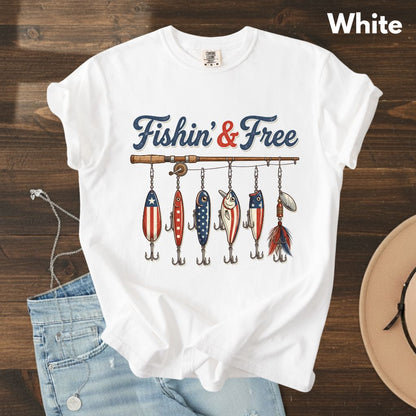Fishin and Free Comfort Colors T Shirts Funny Fishing Lure Tee Patriotic American Flag Fishing Rod Shirt 4th of July Fisherman Gifts