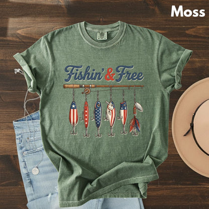Fishin and Free Comfort Colors T Shirts Funny Fishing Lure Tee Patriotic American Flag Fishing Rod Shirt 4th of July Fisherman Gifts