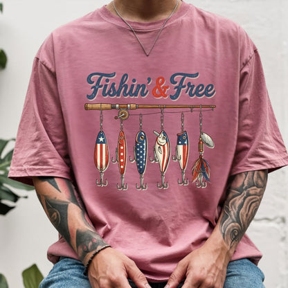 Fishin and Free Comfort Colors T Shirts Funny Fishing Lure Tee Patriotic American Flag Fishing Rod Shirt 4th of July Fisherman Gifts