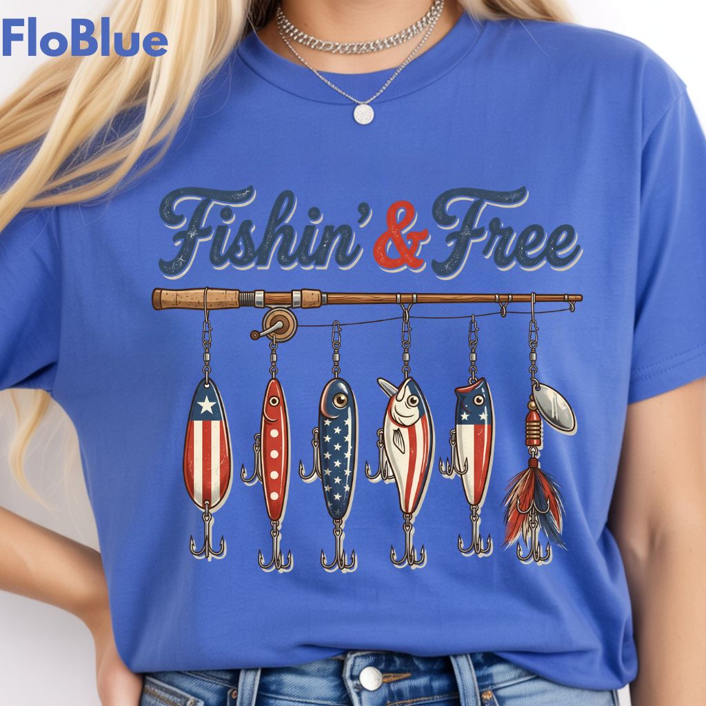 Fishin and Free Comfort Colors T Shirts Funny Fishing Lure Tee Patriotic American Flag Fishing Rod Shirt 4th of July Fisherman Gifts