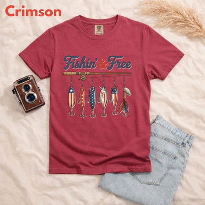 Fishin and Free Comfort Colors T Shirts Funny Fishing Lure Tee Patriotic American Flag Fishing Rod Shirt 4th of July Fisherman Gifts