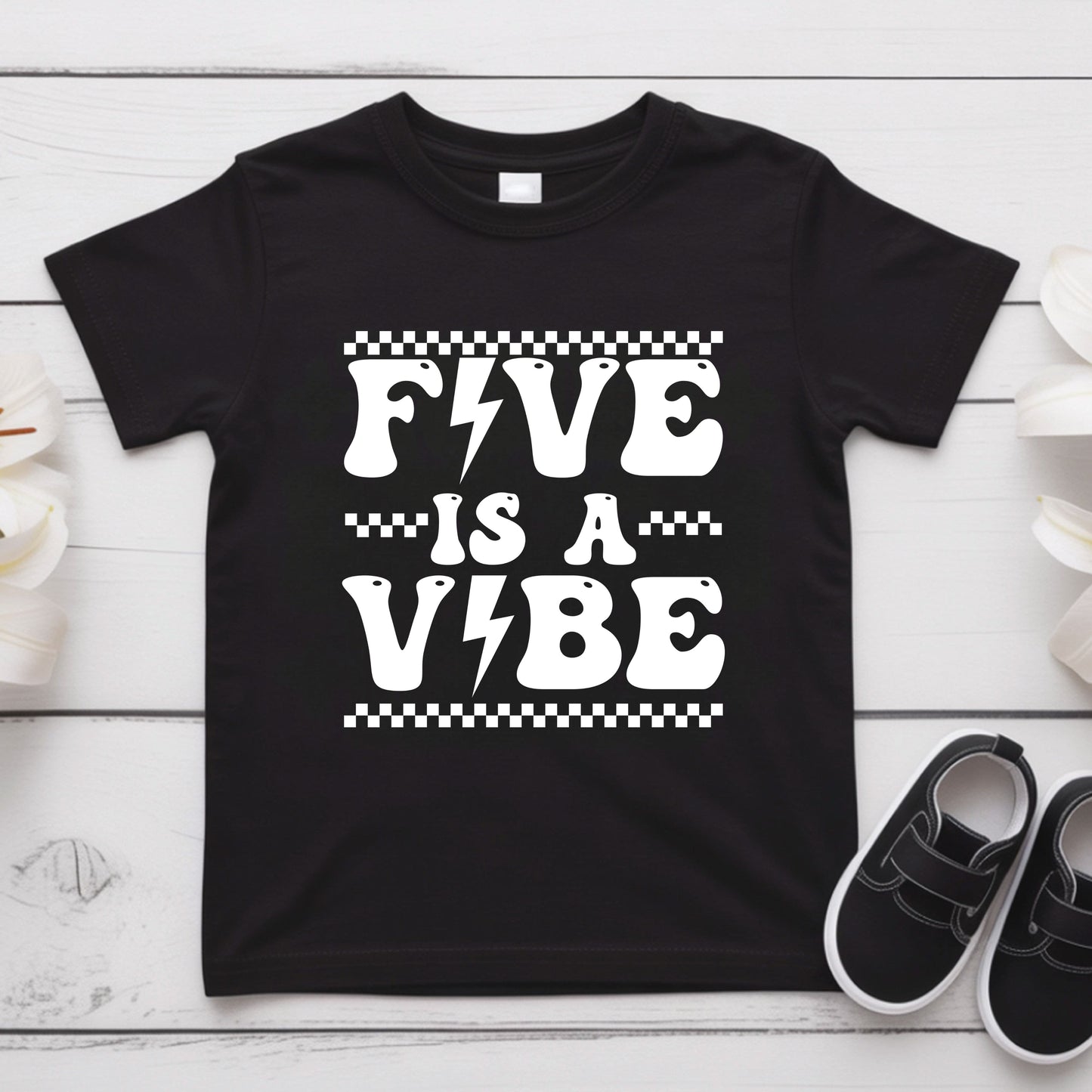 Five Is A Vibe Shirt 5th Birthday Toddler Tee Retro Kids Birthday Gift Five Year Old Childrens Clothing Checkered Birthday Party Apparel
