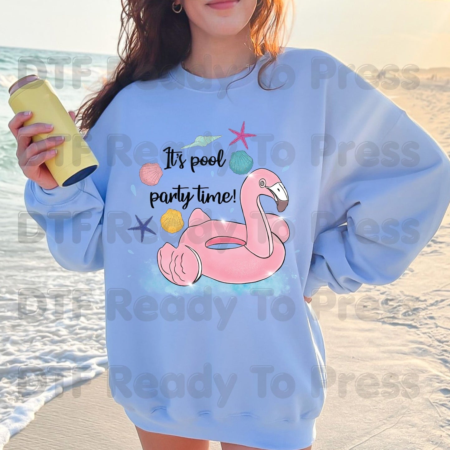 Flamingo Summer Beach DTF Transfer Ready to Press It's Pool Party Time Float Vacation Heat Transfer for Shirts UV Sticker Prints