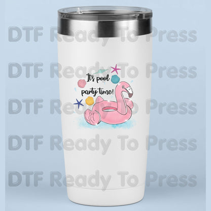Flamingo Summer Beach DTF Transfer Ready to Press It's Pool Party Time Float Vacation Heat Transfer for Shirts UV Sticker Prints