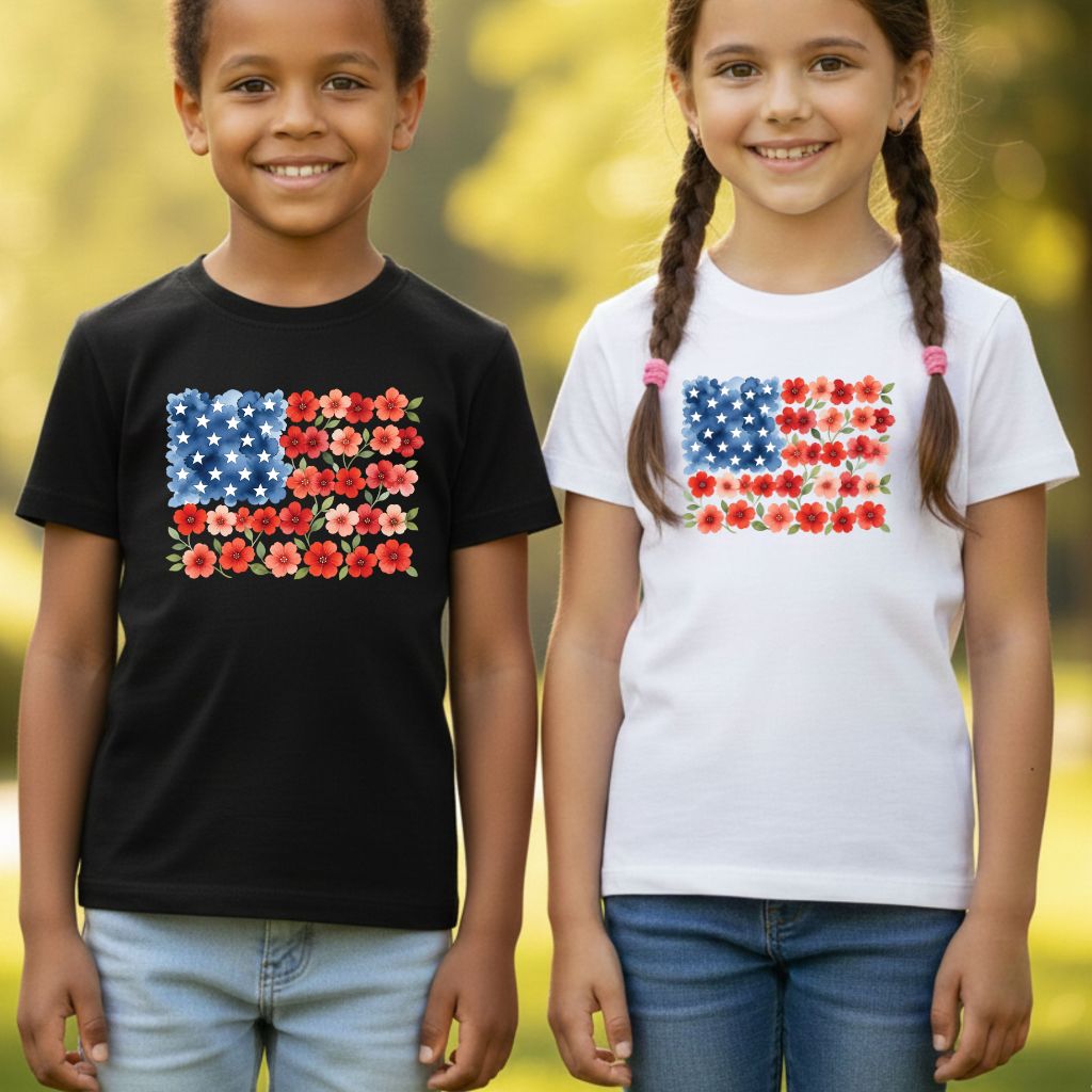 Floral American Flag Comfort Colors T Shirts Watercolor Patriotic Tee Cute Red White Blue Flower Shirt 4th of July Fourth of July Gifts