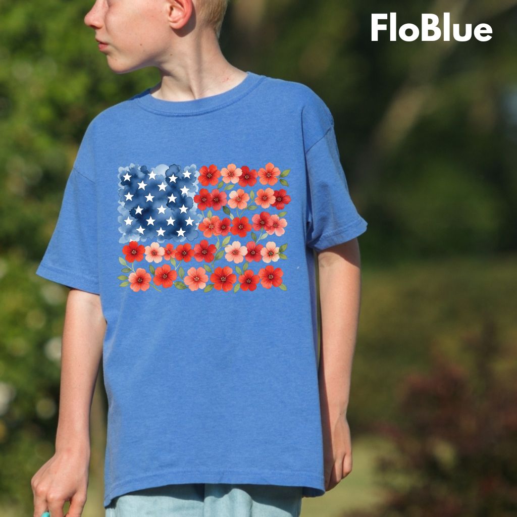 Floral American Flag Comfort Colors T Shirts Watercolor Patriotic Tee Cute Red White Blue Flower Shirt 4th of July Fourth of July Gifts