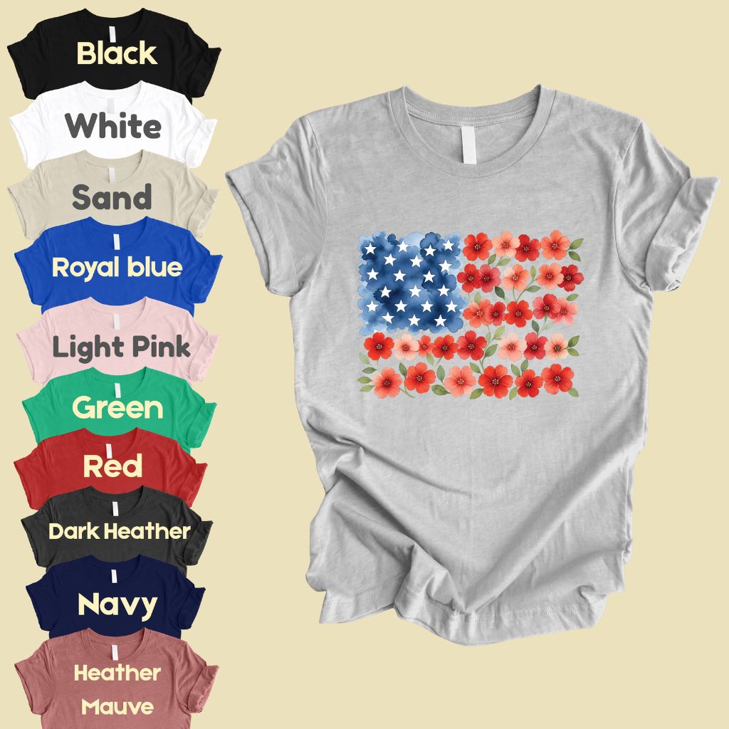 Floral American Flag Comfort Colors T Shirts Watercolor Patriotic Tee Cute Red White Blue Flower Shirt 4th of July Fourth of July Gifts