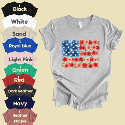 Floral American Flag Comfort Colors T Shirts Watercolor Patriotic Tee Cute Red White Blue Flower Shirt 4th of July Fourth of July Gifts