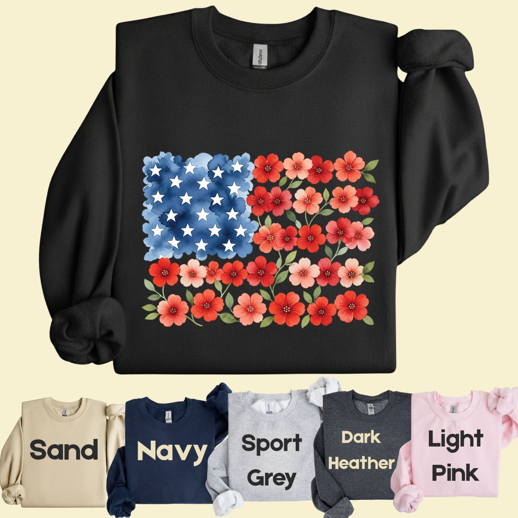 Floral American Flag Comfort Colors T Shirts Watercolor Patriotic Tee Cute Red White Blue Flower Shirt 4th of July Fourth of July Gifts