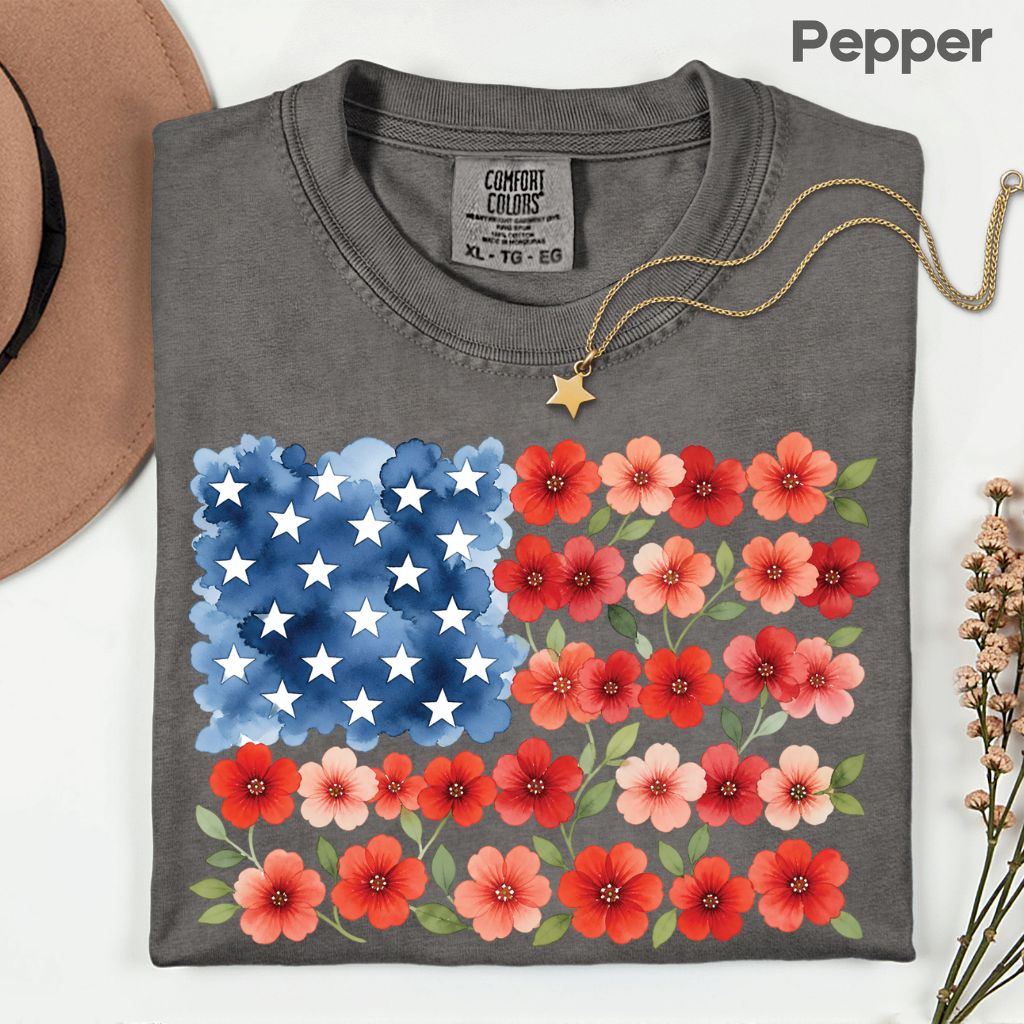 Floral American Flag Comfort Colors T Shirts Watercolor Patriotic Tee Cute Red White Blue Flower Shirt 4th of July Fourth of July Gifts