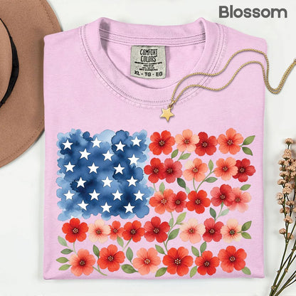 Floral American Flag Comfort Colors T Shirts Watercolor Patriotic Tee Cute Red White Blue Flower Shirt 4th of July Fourth of July Gifts