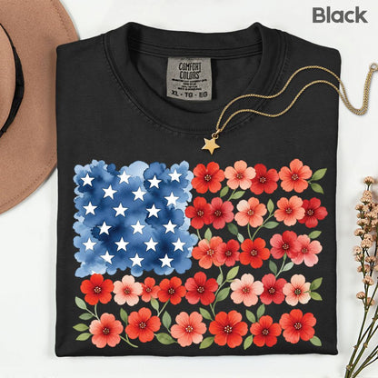 Floral American Flag Comfort Colors T Shirts Watercolor Patriotic Tee Cute Red White Blue Flower Shirt 4th of July Fourth of July Gifts